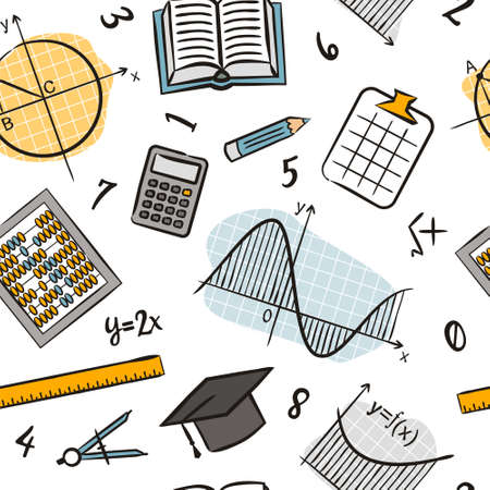 Seamless doodle pattern with school algebra elements. Pattern with mathematical objects: ruler, book, calculator, compass, charts, praphs and others. Vector background.のイラスト素材