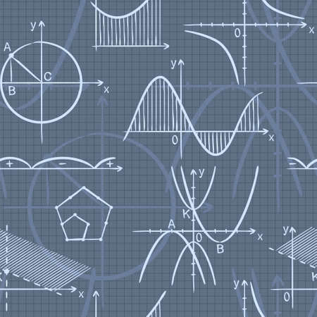 Seamless doodle pattern with school algebra elements. Pattern with mathematical charts and graphs on checkered notebook sheet. Vector background.のイラスト素材