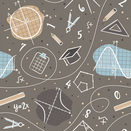Seamless doodle pattern with school algebra elements. Pattern with mathematical objects: ruler, book, calculator, compass, charts, praphs and others. Vector background.のイラスト素材