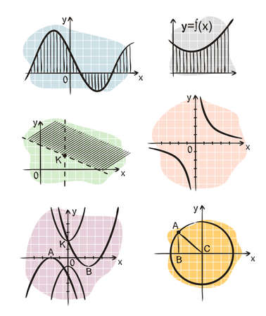 Hand-drawn algebraic graphs of mathematical functions. Black and white outlines on color background for school textbooks, educational projects, banners and posters. Vector illustrationのイラスト素材