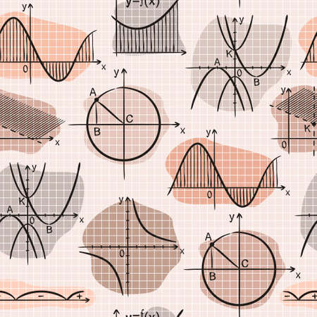 Seamless doodle pattern with school algebra elements. Pink Pattern with mathematical charts and graphs on checkered notebook sheet. Vector background.のイラスト素材