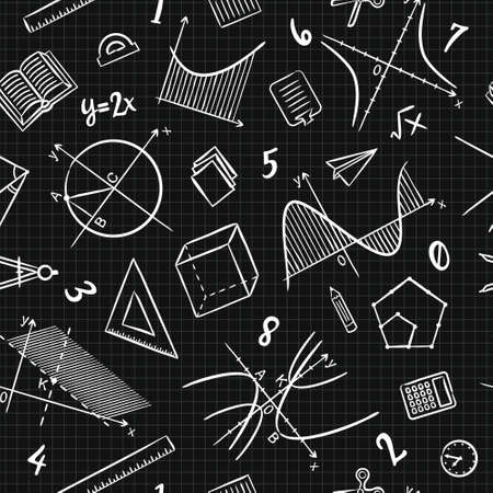 Seamless chalk doodle pattern with school algebra elements. Pattern with mathematical objects, charts and graphs on checkered notebook sheet. Vector background.のイラスト素材