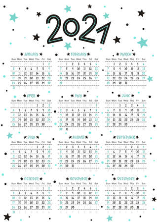 2021 Calendar template in portrait orientation with stars and dots. 12 months yearly calendar set in 2021. Magic cute clipart. Vector illustration.のイラスト素材