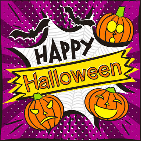 Happy Halloween Bright violet banner in popart style. Explosion, spider web, curved pumpkins and bats. Blank for party banner, presentation, template. Vector illustrationのイラスト素材