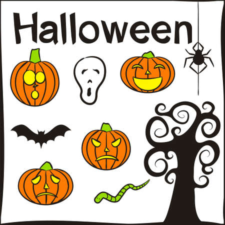 Set of hand-drawn Halloween elements isolated on white background. Halloween icons in doodle style. Curved pumpkins, spider, bat, worm, magic tree, screaming skull. Vector illustrationのイラスト素材