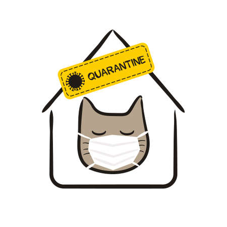 A hand-drawn sick cat wearing a protective mask in a quarantine house. Infected sneezing cute pet. Vector childrens illustration on the subject of symptoms, quarantine, medicine, safety and health.のイラスト素材