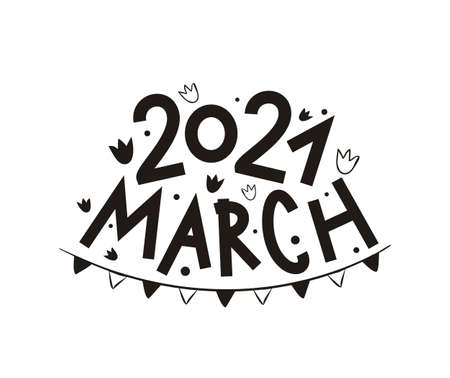 March 2021 with hand-drawn tulips and garland.のイラスト素材