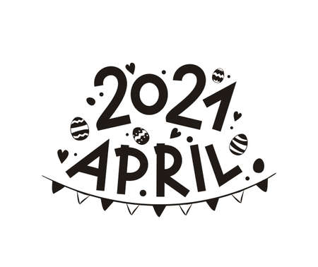 April 2021 with hand-drawn Easter eggs and garland.のイラスト素材