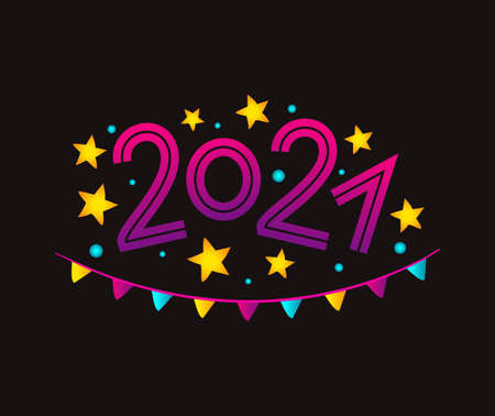 Numbers 2021 with hand-drawn stars and garland. Disco New Years for the design of calendars, postcards, diaries. Bright color Vector illustration isolated on blackboard.のイラスト素材