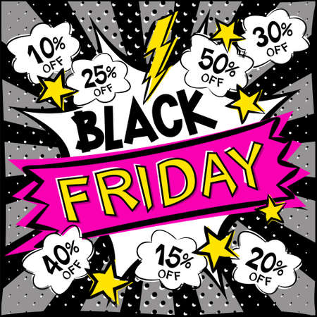 Bright pop art banner for black friday discounts or sales. Cartoon exploison, and clouds on a dark background. Vector illustrationのイラスト素材