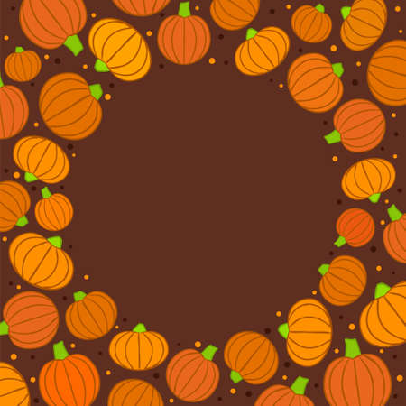 Harvest round frame of pumpkins. Autumn border in orange and brown tones. Hand drawn ripe vegetables. Vector illustration on the theme of fall and halloweenのイラスト素材