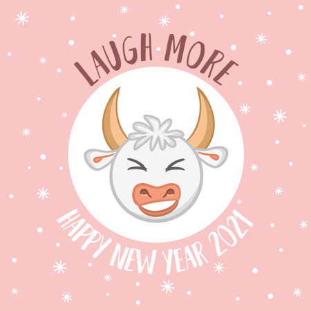 Cute New Year card with a wish and a cartoon laughing bull - a symbol of 2021. Phrase - Laugh more. Vector illustration for the design of postcards, calendars, posters and banners.のイラスト素材
