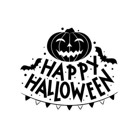 Hand-drawn Halloween silhouette logo with bats and pumpkin. Lettering for all saints day. Black inscription isolated on white background. Vector illustration for banner, postcard, sticker ans flayers.のイラスト素材