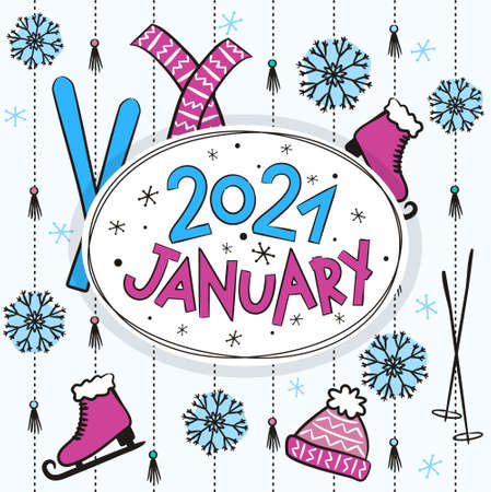 Thematic template for a calendar for 2021. The month of January. Design for a calendar with winter elements. Pattern for printing yearbooks and notebooks. Vector hand-drawn illustration, doodle style.のイラスト素材