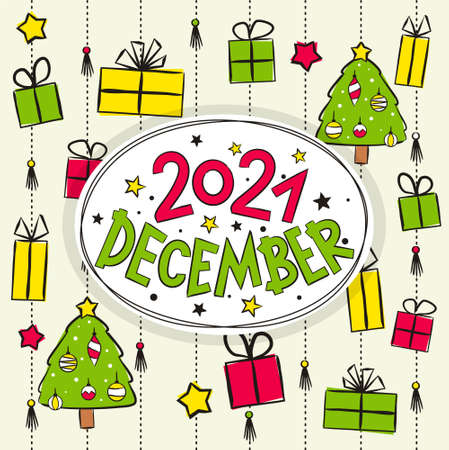 Thematic template for a calendar for 2021. The month of December. Design for the calendar on the theme of winter, Christmas, New Year, elegant Christmas tree and gifts. Vector hand-drawn illustrationのイラスト素材