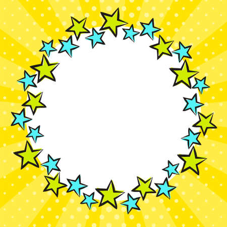 Festive bright round frame made from casually hand-drawn stars. Yellow Template for children's holiday, party, diploma, greeting card. Vector illustration in pop art style.のイラスト素材