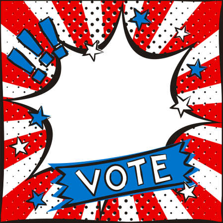 Bright pop art burst picture for USA Vote Day. Template in national colors of the United States of America. Square cartoon web banner for social media post template. Vector illustrationのイラスト素材