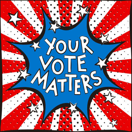 Bright pop art burst picture for USA Vote Day. Vector Template in national colors of the United States of America. Square cartoon web banner for social media post template. Your vote matters.のイラスト素材