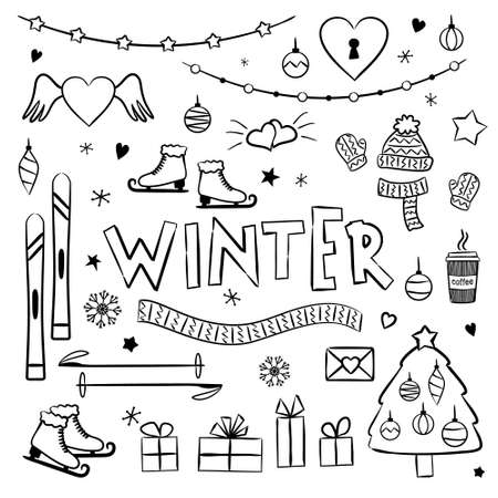 Winter coloring. Elements for seasonal calendar. Hand-drawn doodle objects isolated on white background. Vector illustration for yearbooks and calendars.のイラスト素材