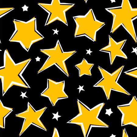 Seamless pattern with hand drawn yellow stars on black background. Star pattern. Vector illustration. Cute magical background.のイラスト素材