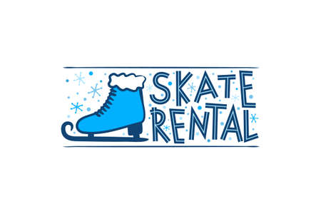 Hand Drawn Skate Rental  isolated on white background. Winter equipment emblem for stickers and badges. Vector illustration for sports and rental projects.のイラスト素材