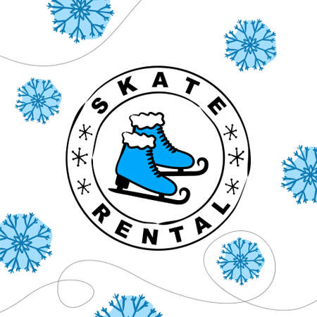 Hand Drawn Skate Rental  in stamp. Winter equipment emblem for stickers and badges. Vector illustration for sports and rental projects.のイラスト素材