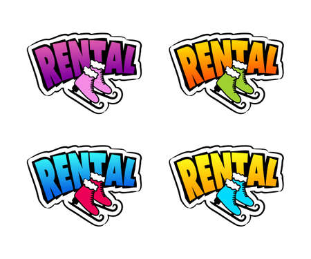 Hand Drawn Skate Rental   in pop art style isolated on white background. Winter equipment emblem for stickers and badges. Vector illustration for sports and rental projects.のイラスト素材