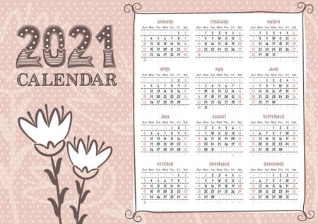 2021 Calendar template in landscape orientation with cute flowers. 12 months yearly calendar set in 2021. Vintage clipart.のイラスト素材