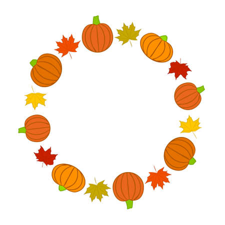 Round frame from hand-drawn pumpkins and maple leaves. Fall border illustrationのイラスト素材