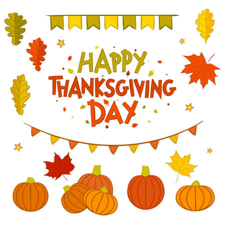 Happy Thanksgiving Day. Set of drawn holiday elements. Autumn leaves, flags, pumpkins. Isolated objects for your design. Vector illustrationのイラスト素材