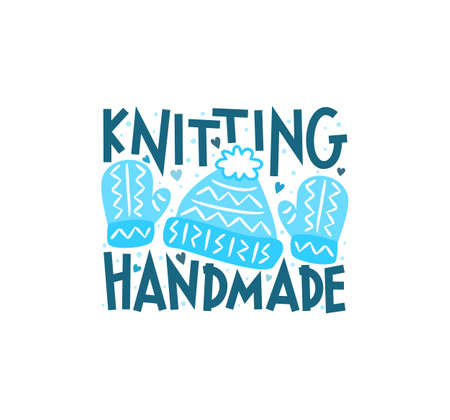 Lettering  for handmade knitting. Isolated on white background emblem with a knitted hat, mittens and funny letters. Vector illustration for craftswomen, needlework.のイラスト素材
