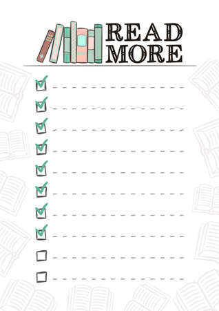 Reading list with checkbox. Title Read more and check lines. Hand-drawn books on a bookshelf. Vector illustration for a library, school, universityのイラスト素材