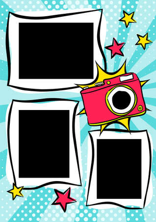 Children's photo book in pop art style. Bright page of 3 photos for a photo album. Template for the design of frames for photographs, posters, cards, stickers. Vector illustration.のイラスト素材