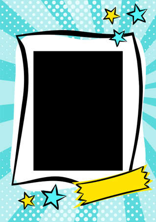 Children's photo book in pop art style. Bright page of 1 photo for a photo album. Template for the design of frames for photographs, posters, cards, stickers. Vector illustration.のイラスト素材