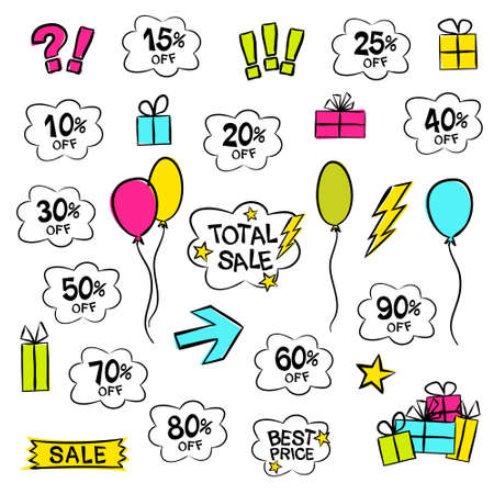 Set of hand-drawn elements on sale and discount theme in pop-art style. Bright cartoon isolated icons for web design, banners, coupons, applications and posters. Clouds, balloons. Vector illustrationのイラスト素材