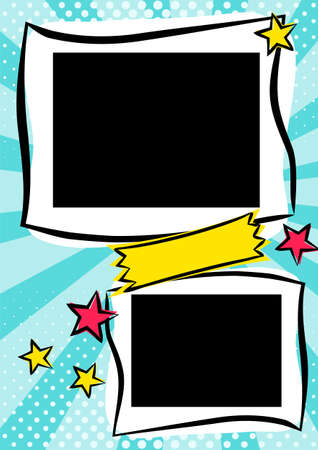 Children's photo book in pop art style. Bright page of two photos for a photo album. Template for the design of frames for photographs, posters, cards, stickers. Vector illustration.のイラスト素材