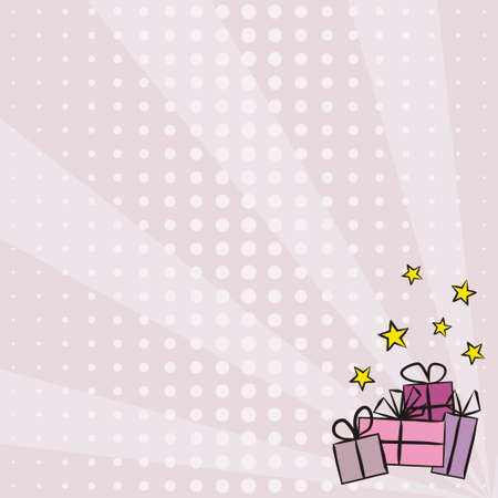 Lilac greeting template with gifts and stars. Blank for a festive birthday card or sale banner. Cute Vector illustrationのイラスト素材