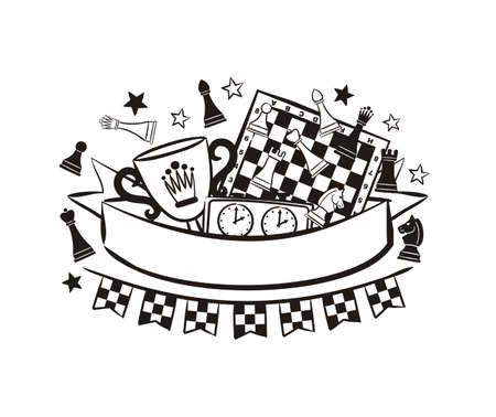 Chess emblem with ribbon for text, chess pieces, cup, clock and board.  For a chess club or competition. Garland of checkered flags. Black and white Vector illustration for sporting eventsのイラスト素材