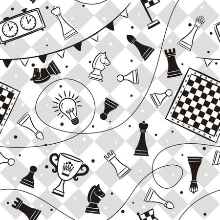 Seamless pattern with chess pieces, clock and board. Sports background in a hand-drawn childish style. Black and white vector illustration for the design of sports chess projects.のイラスト素材