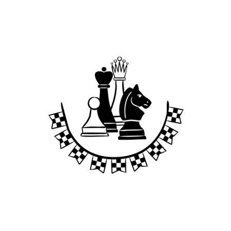 Chess emblem with chess pieces and flags. Logo for a chess club or competition. Garland of checkered flags. Black and white Vector illustration for sporting eventsのイラスト素材