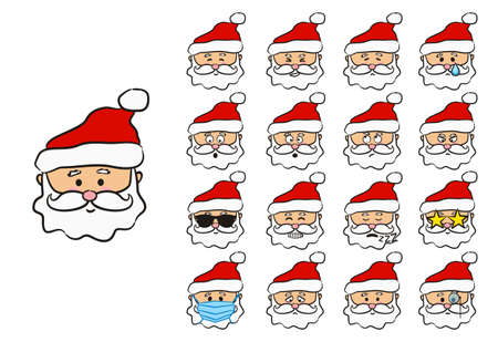 Santa Claus emoji. Funny hand drawn character. Christmas Vector illustration. Santa wearing a protective mask. 16 logos with emotions.のイラスト素材