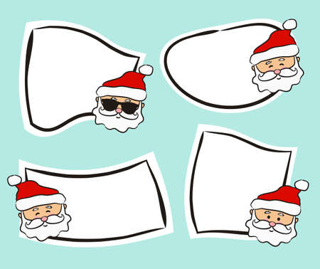Set of hand drawn white labels with Santa Claus in cartoon style. Festive stickers for youth present, products, sale or promotion. Badges and tags for packaging. Christmas Vector illustrationのイラスト素材