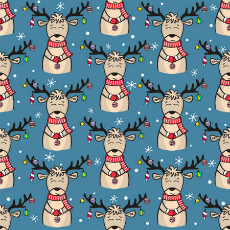 Seamless pattern with hand drawn christmas deer. Cute deer with New Year's toys. Festive vector illustration for the design of New Year cards, packaging, wrapping paper, posters and banners.のイラスト素材