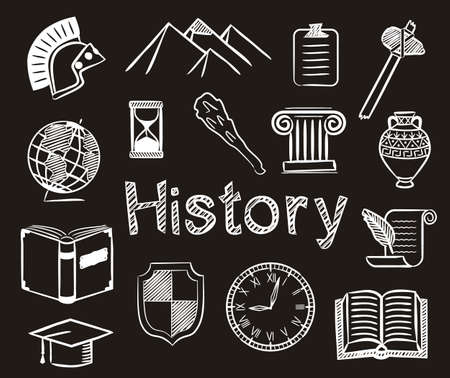 Set of chalk hand-drawn icons on the theme of History. Pictograms of book, pyramids, globe, clock, helmet and other ancient items on blackboard. Vector illustration for school and education projects.のイラスト素材