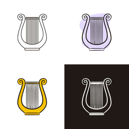 Ancient lyre icons set isolated on white background. Hand-drawn contour harp icon in doodle style, flat and chalk on a black board. Vector illustration for history, culture, antiquity, music.のイラスト素材