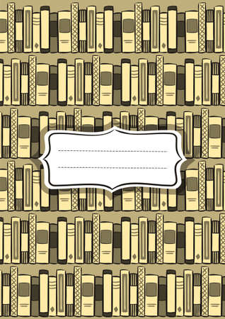 Cover for a school textbook or notebook. Book library shelves on the background. White labels for the name. Vector illustration. School and learning theme.のイラスト素材