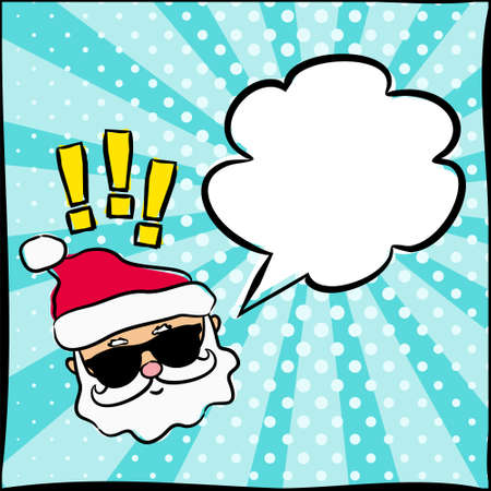 Bright Christmas pop art banner with Boss Santa. Speech bubble on a bright blue background. Template for web design, banners, coupons, applications and posters. Vector illustration.のイラスト素材
