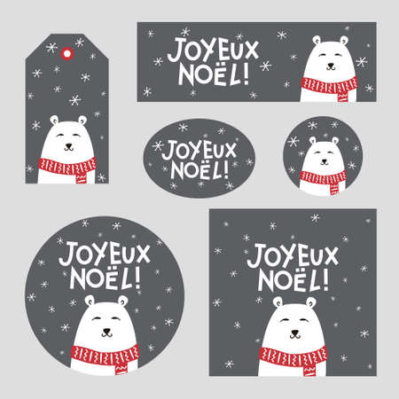 Set of christmas decor with polar bear for France. French Merry Christmas poster, card, sticker, tag. White Polar bear in a scarf. Vector illustration. Translation: Merry Christmasのイラスト素材