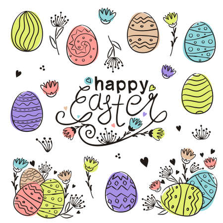 Hand drawn Happy Easter typography. Set for easter decoration. Painted eggs and flowers in doodle style. Multi-colored watercolor stains. Vector elements for the design of cards, posters and banners.のイラスト素材