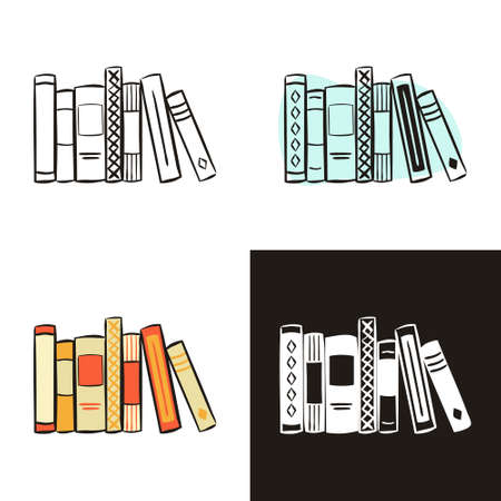 Stack of books icons set isolated on white background. Hand-drawn contour icon in doodle style, flat and chalk on a blackboard. Vector bookshelf for literature, reading, knowledge, educationのイラスト素材
